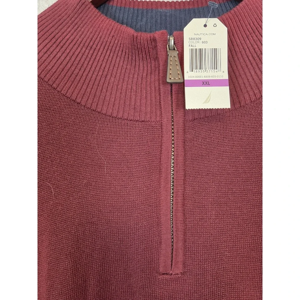 Nautica Men's 2XL Sweater‎ Pullover Burgundy 1/4 Zip Mock Neck Long Sleeve NEW